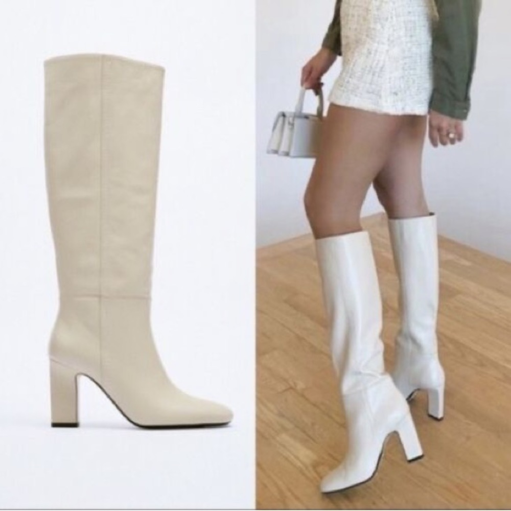 Zara cream high top knee high heels boots